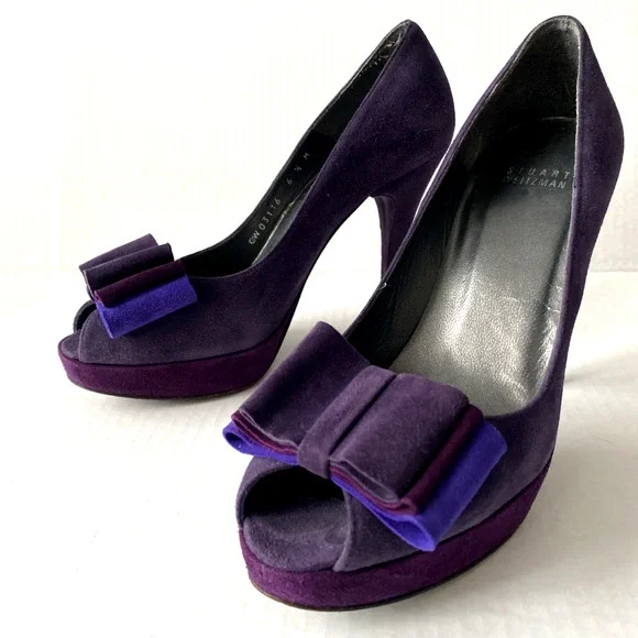 Stuart Weitzman Pump Platform Slim Heel Moda Purple Suede Peep Toe Bow 6.5